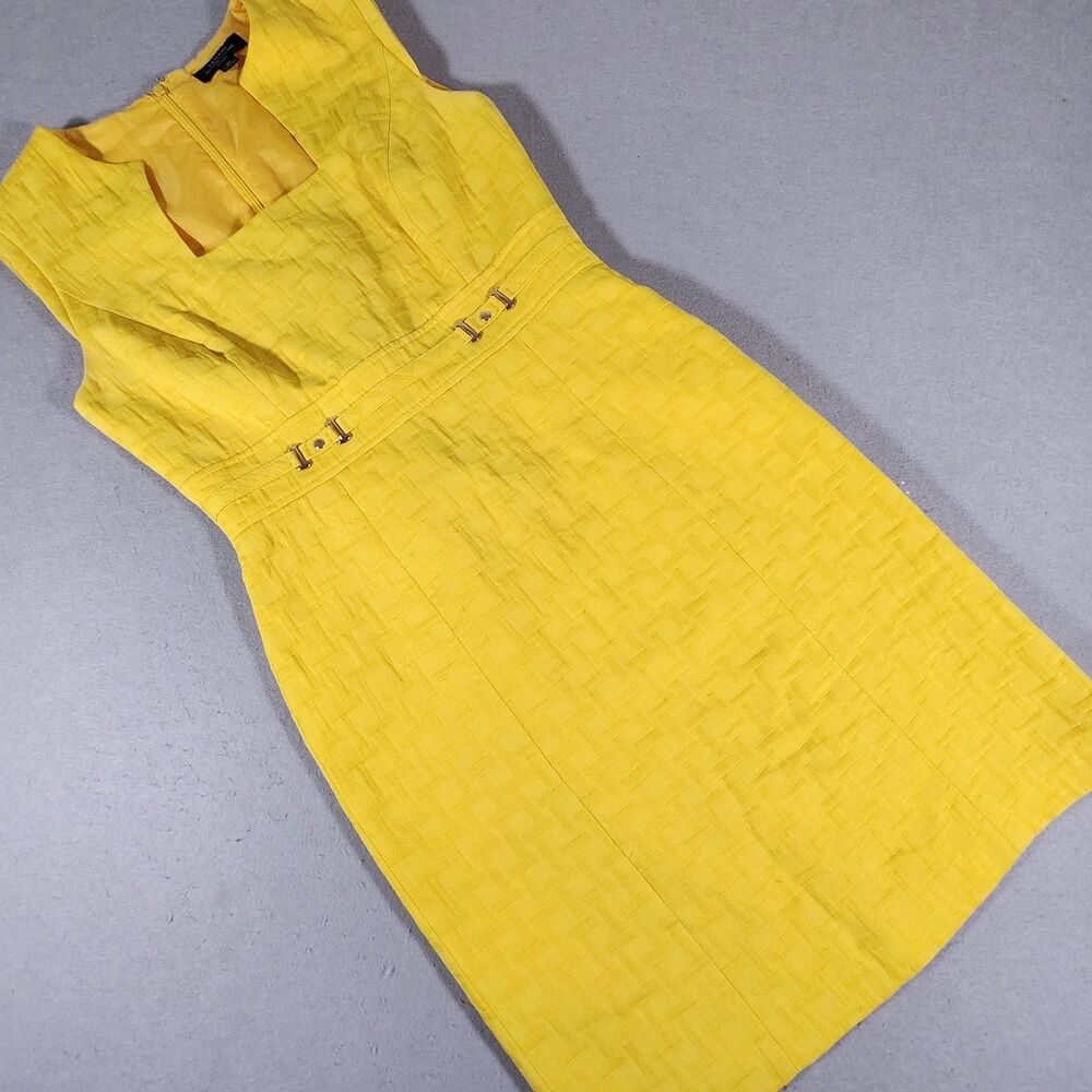 Tahari Arthur Levine Texture Yellow Sheath Dress w/ Jacquard Fabric Size 4P
